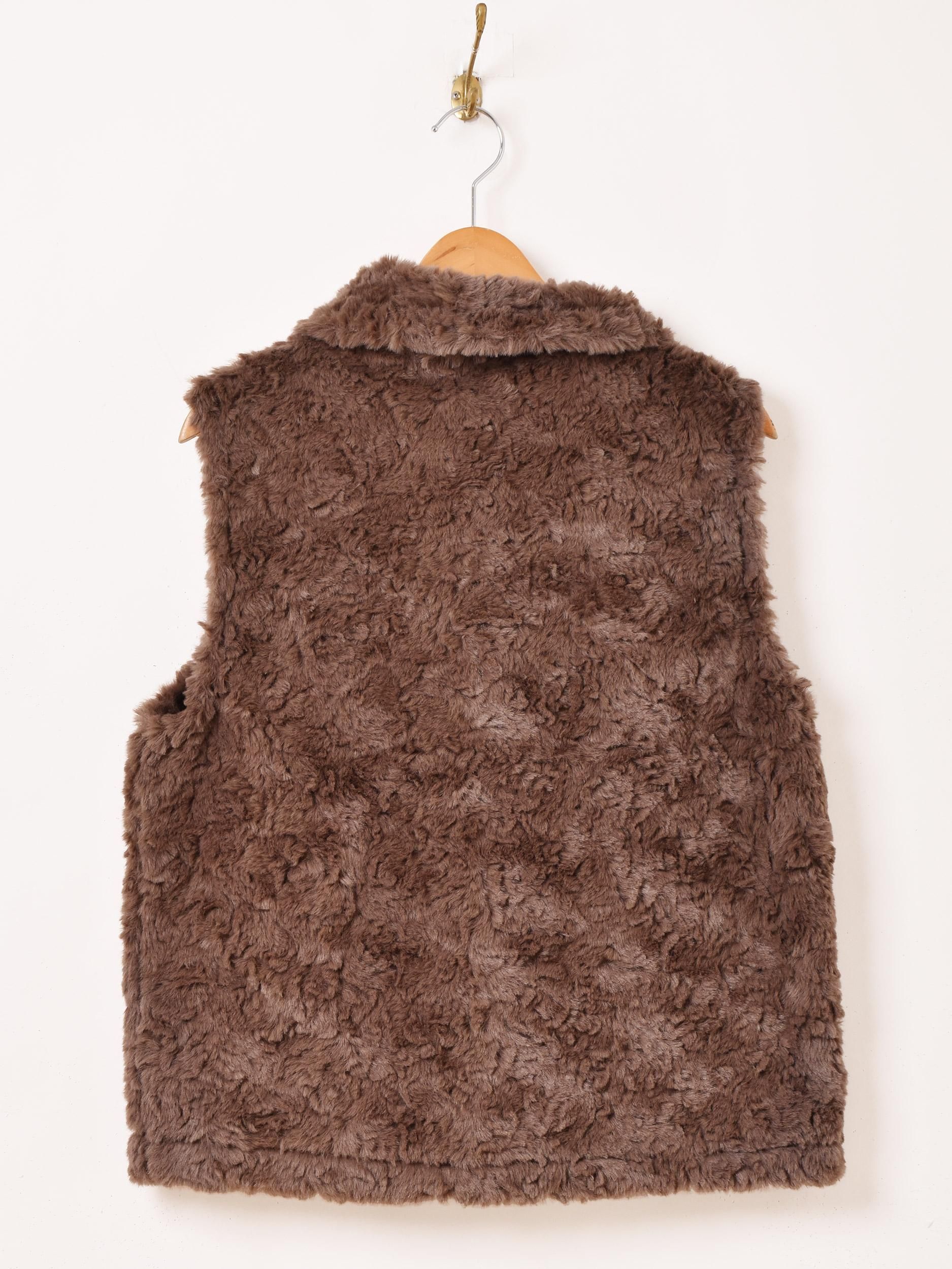 新品 Russeluno ラメ フード ベスト エンブレム ファー ブラウン L Elcamino」襟付き フェイクファー ベスト ブラウン - 古着屋