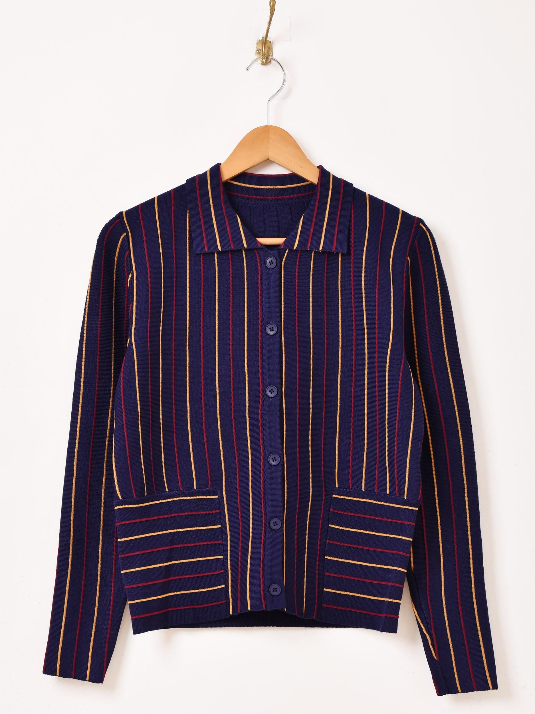 2色展開】「Meridian」ストライプ 襟付き カーディガン ネイビー