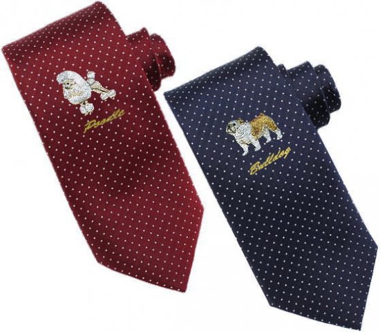 犬柄刺繍のシルクネクタイ
