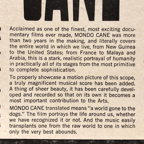 MONDO CANE」 ORIGINAL MOTION PICTURE SOUNDTRACK / LP（K