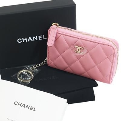 CHANEL シャネル AP0221 ラムスキン ピンク ココマーク ゴールド色金具 L字ファスナー マトラッセ キーコインケース キーリング付き