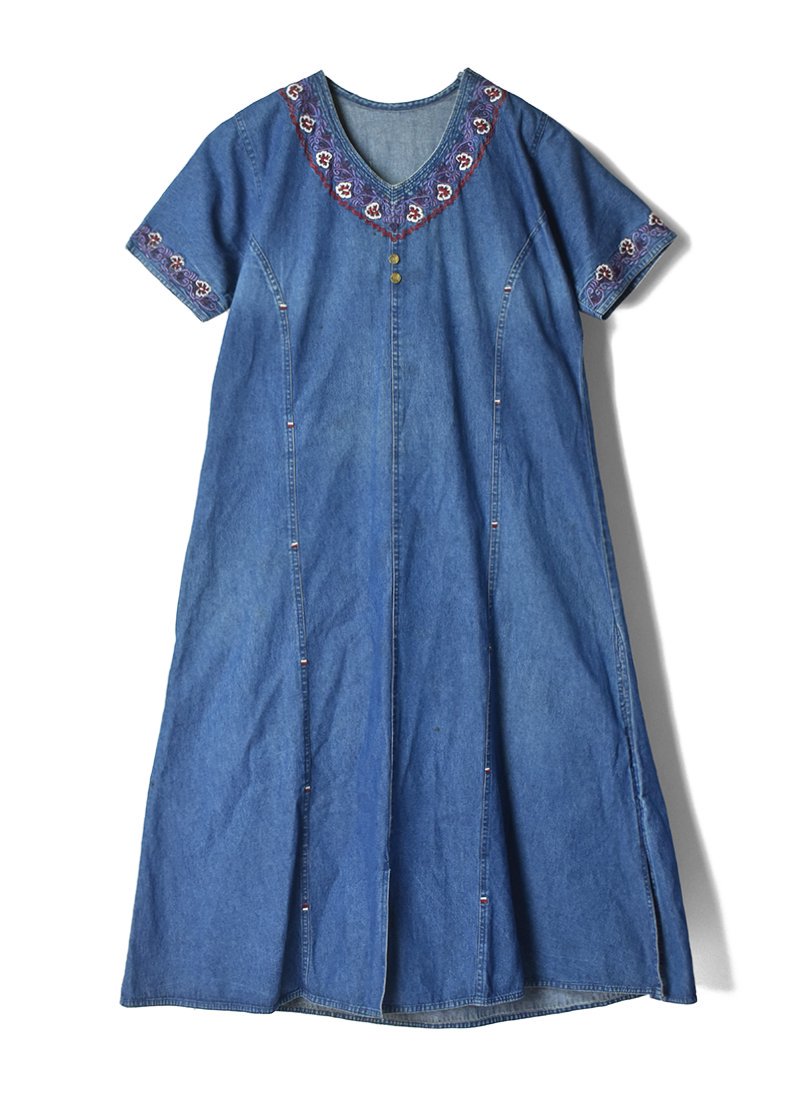 USED Floral Embroidery Denim Dress CL-9