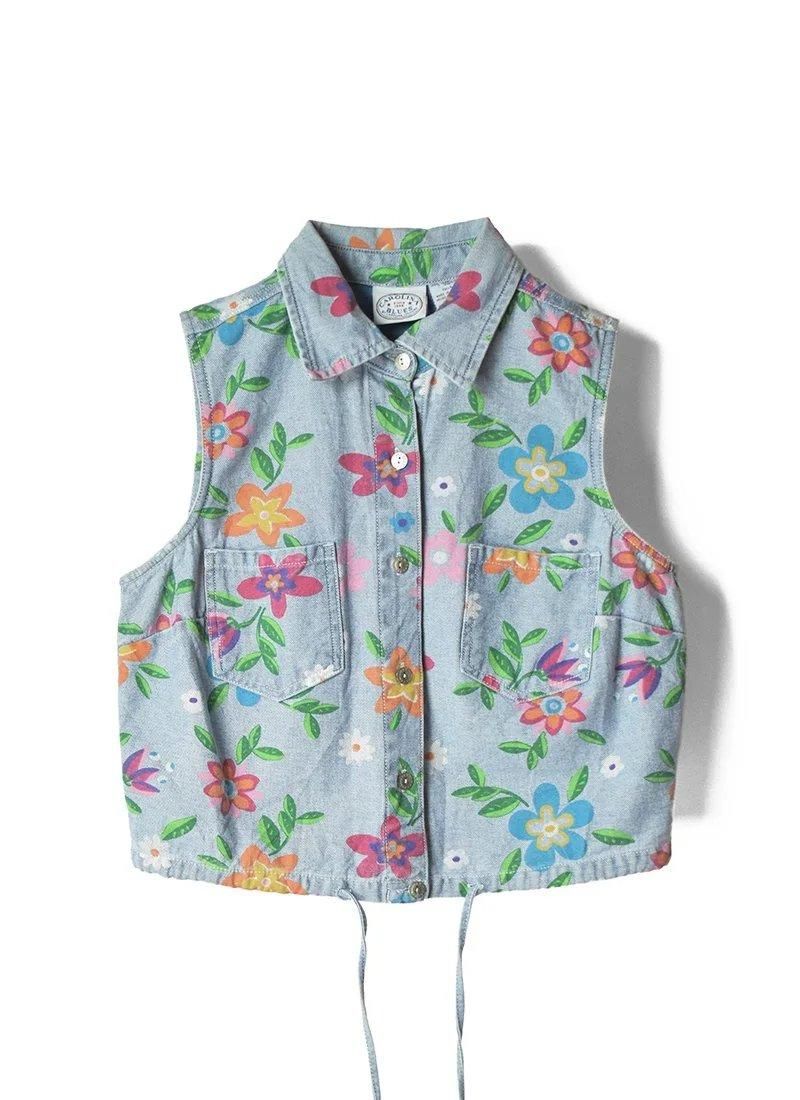 USED Floral Print Denim Vest CM-4