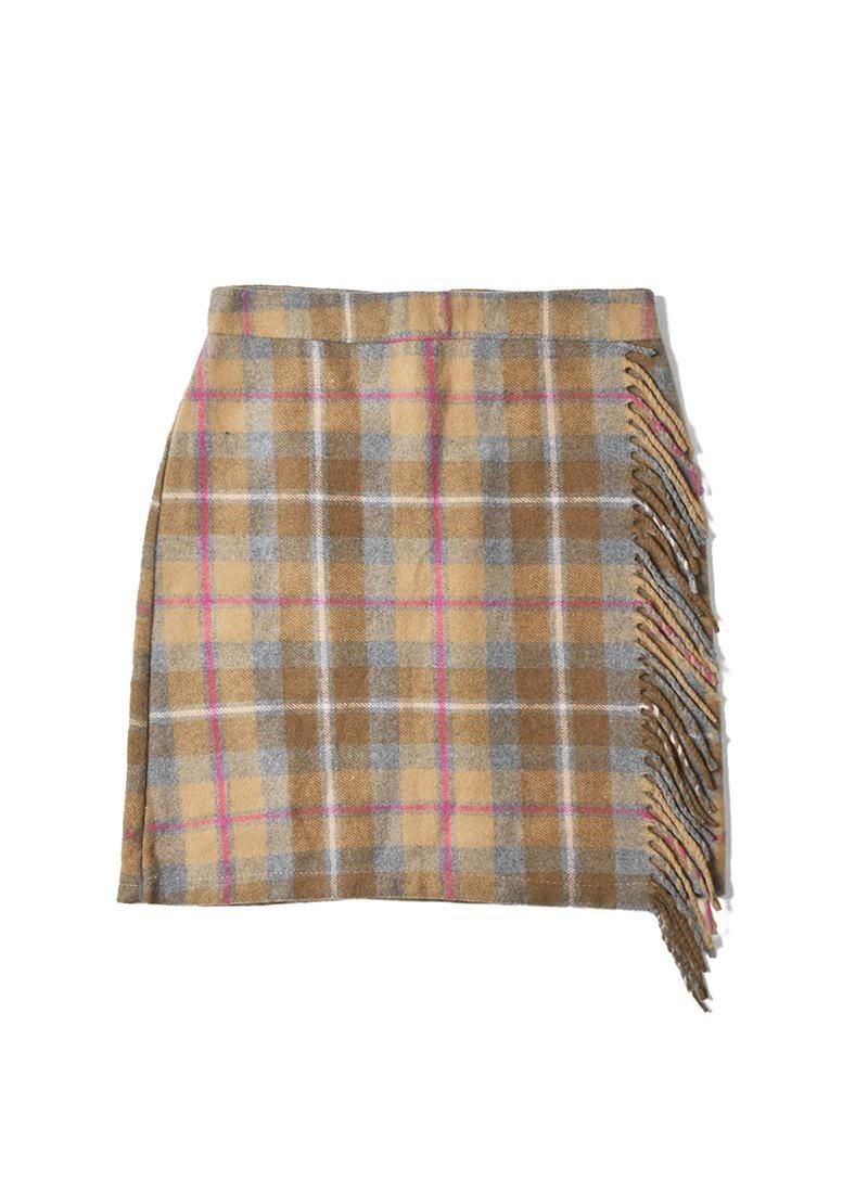 USED Fringe Check Wool Mini Skirt DE-6