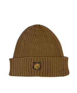 MAISON KITSUNE (23AW）FOX HEAD PATCH RIBBED BEANIE
（GOLDEN BROWN）