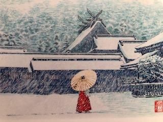 ご当地ポストカード（出雲大社・雪の日の本殿と巫女さん） - 神