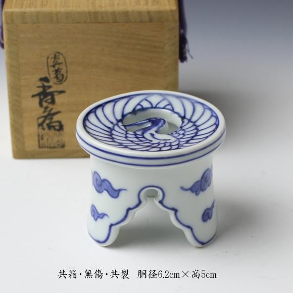 真葛香斎(二代) 染付鶴丸蓋置 真葛香斎(二代) 染付鶴丸蓋置
