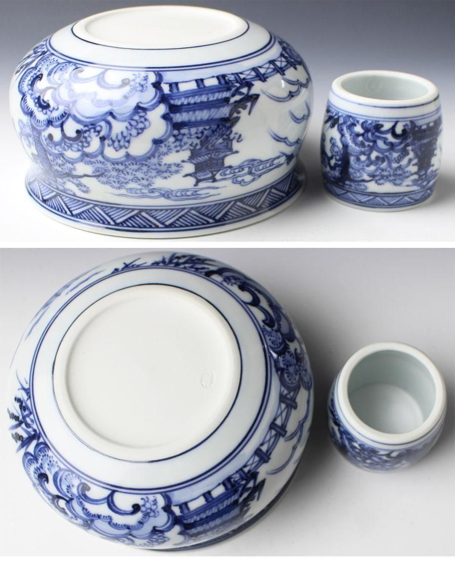 茶道具　膳所焼　陽炎園　雲堂写染付水指　淡々斎箱書 茶道具 膳所焼 陽炎園 雲堂写染付水指 淡々斎箱書 茶道具