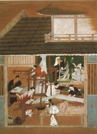 額装正絹染め江戸時代風俗絵「職人尽絵・機織図（しょくにん