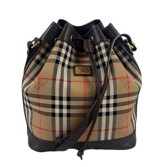 BURBERRY バーバリー チェック柄 キャンバス/レザー 巾着ショルダー