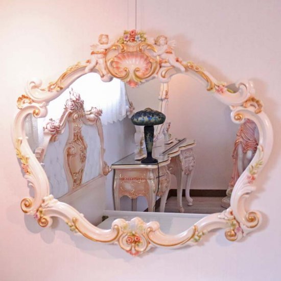 ロミジュリ白家具ロココ調 壁掛けミラー ワイドミラー 鏡 完成品 猫脚 姫家具