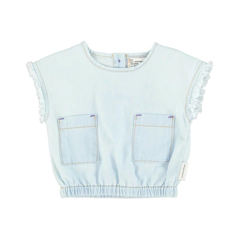 piupiuchick Baby | baby sleeveless blouse w/ fringes | light blue chambray