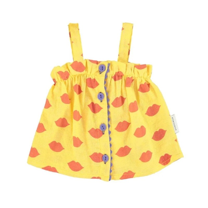 piupiuchick BABY | baby top w/ straps | yellow w/ red lips