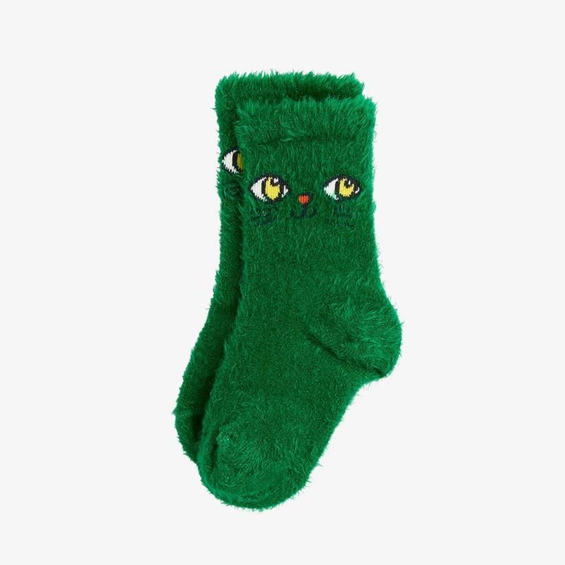 Mini Rodini Cat Face Fuzzy Sock Green