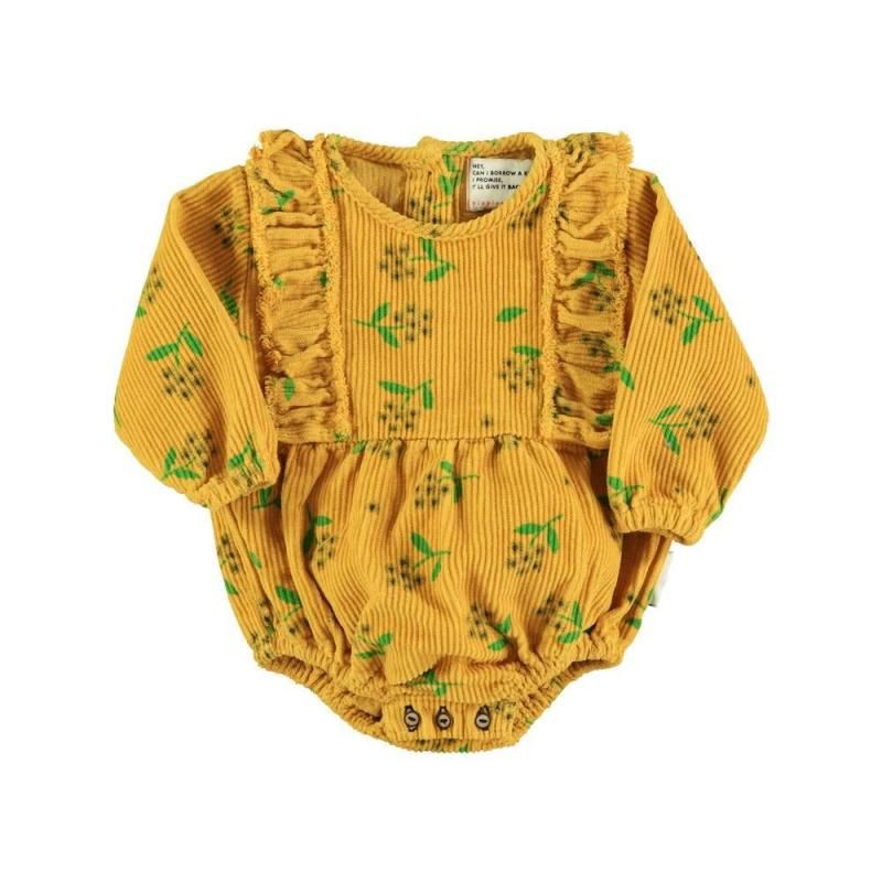 piupiuchick Baby long sleeve romper | Yellow mustard w/ flowers allover