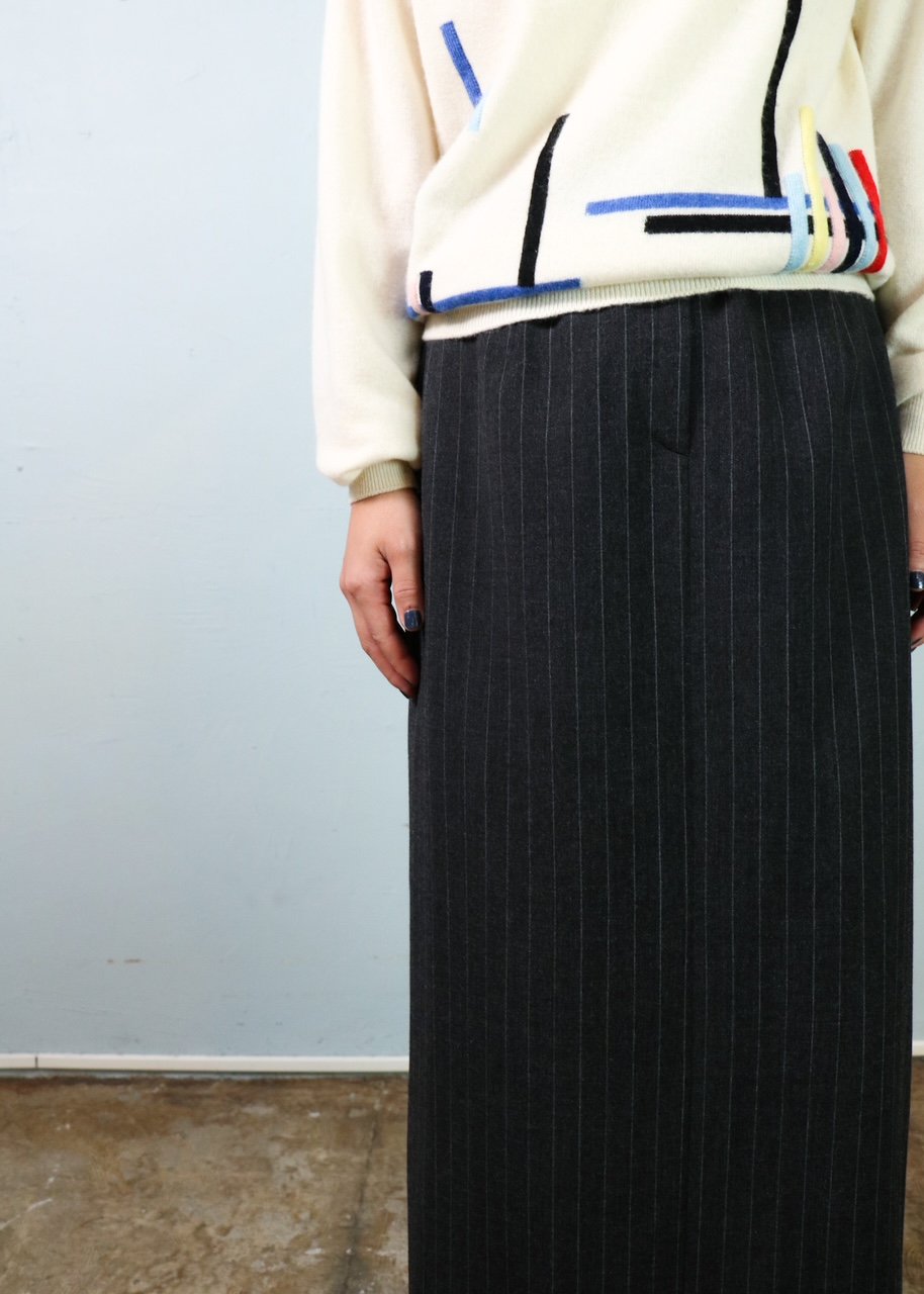 Wool Mix Striped Maxi Skirt (後ろスリット)