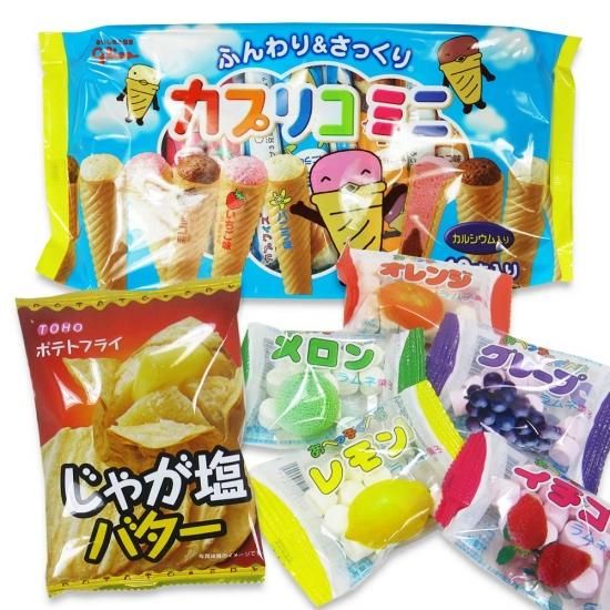 ポテトフライ(じゃが塩バター) / 大袋カプリコミニ(1個) / あべっ子ラムネ(1個) 【学】