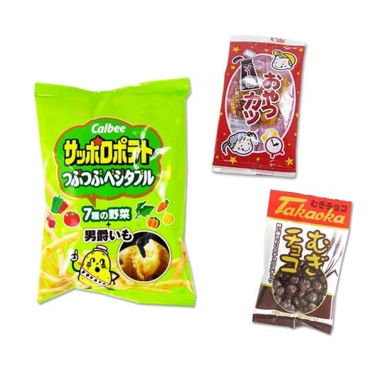 小袋サッポロポテトつぶつぶベジタブル(1個) / ムギチョコ(1個) / おやつカツ(1個)【学】