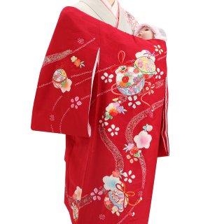 【高級】女の子レンタル産着　G220 高級正絹赤地 刺繍鈴 流水
