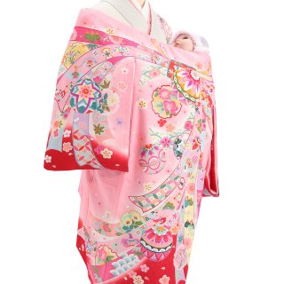 【高級】女の子レンタル産着　G223 高級正絹ピンク地 丹後紋意匠 束熨斗