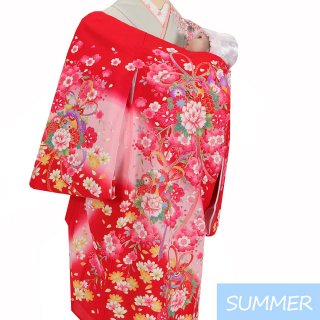 【夏用 絽】女の子レンタル産着　G359 正絹赤地 花束