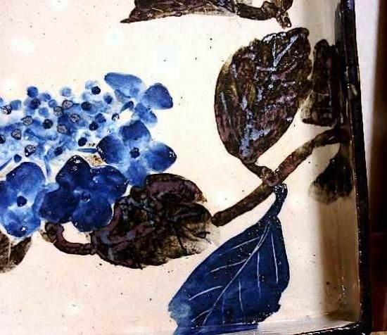 鎌倉 尾形奈美（乾女）作 乾山意 八仙花 角皿 無傷 共箱。