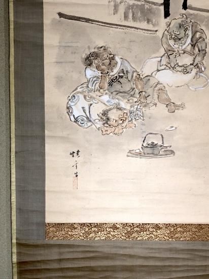 掛け軸　丙辰　夏雪堂 掛軸 立岡快雪 作 鍾馗・鬼図 紙本彩色 箱無