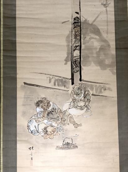 掛軸 立岡快雪 作 鍾馗・鬼図 紙本彩色 箱無