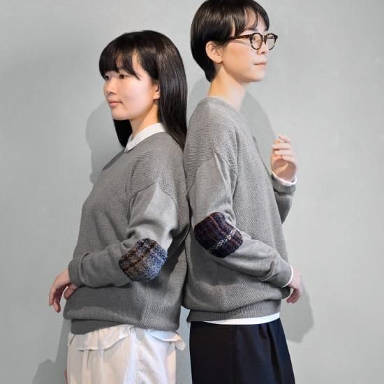 LINKABLE リンカブル　ボーダートップス　黒　エルボーパッチ　ニット　薄手 からだをつつむ / チェック柄エルボーパッチプルオーバー - SAIFUKU