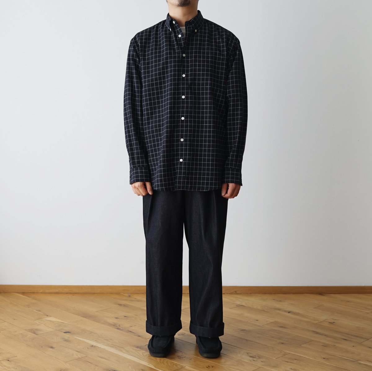 UNIVERSAL PRODUCTS.LINEN WINDOWPANE CHECK S/S SHIRT[D.NAVY