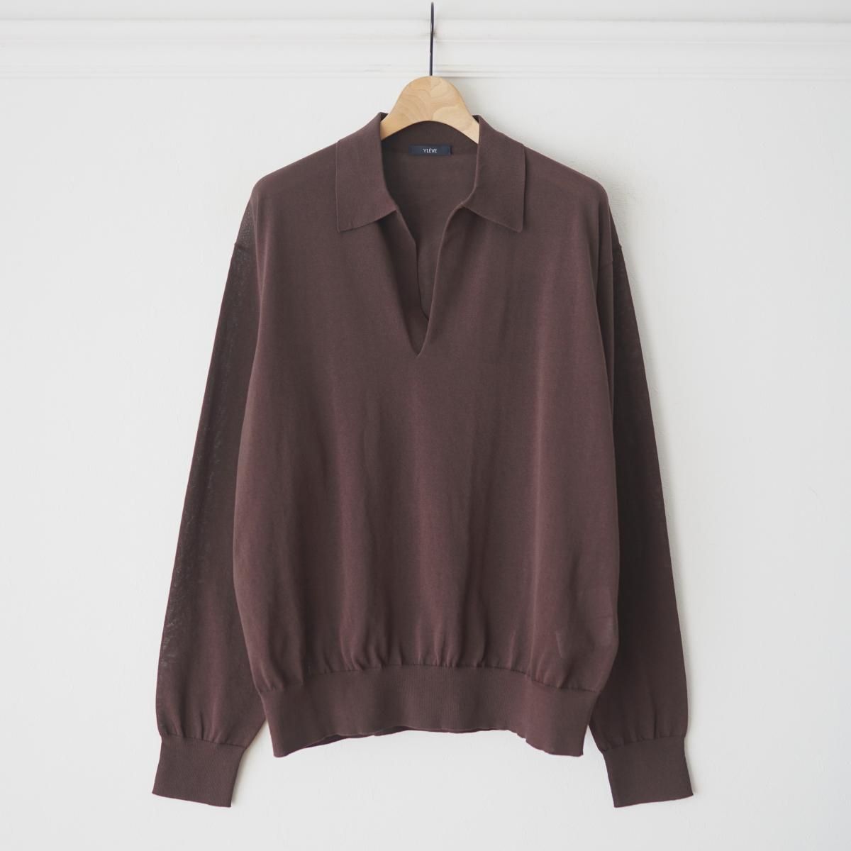 YLEVE シアーリブニットスキッパーポロ YLEVE / イレーヴ】 SHEER RIB KNIT SKIPPER POLO - BROWN