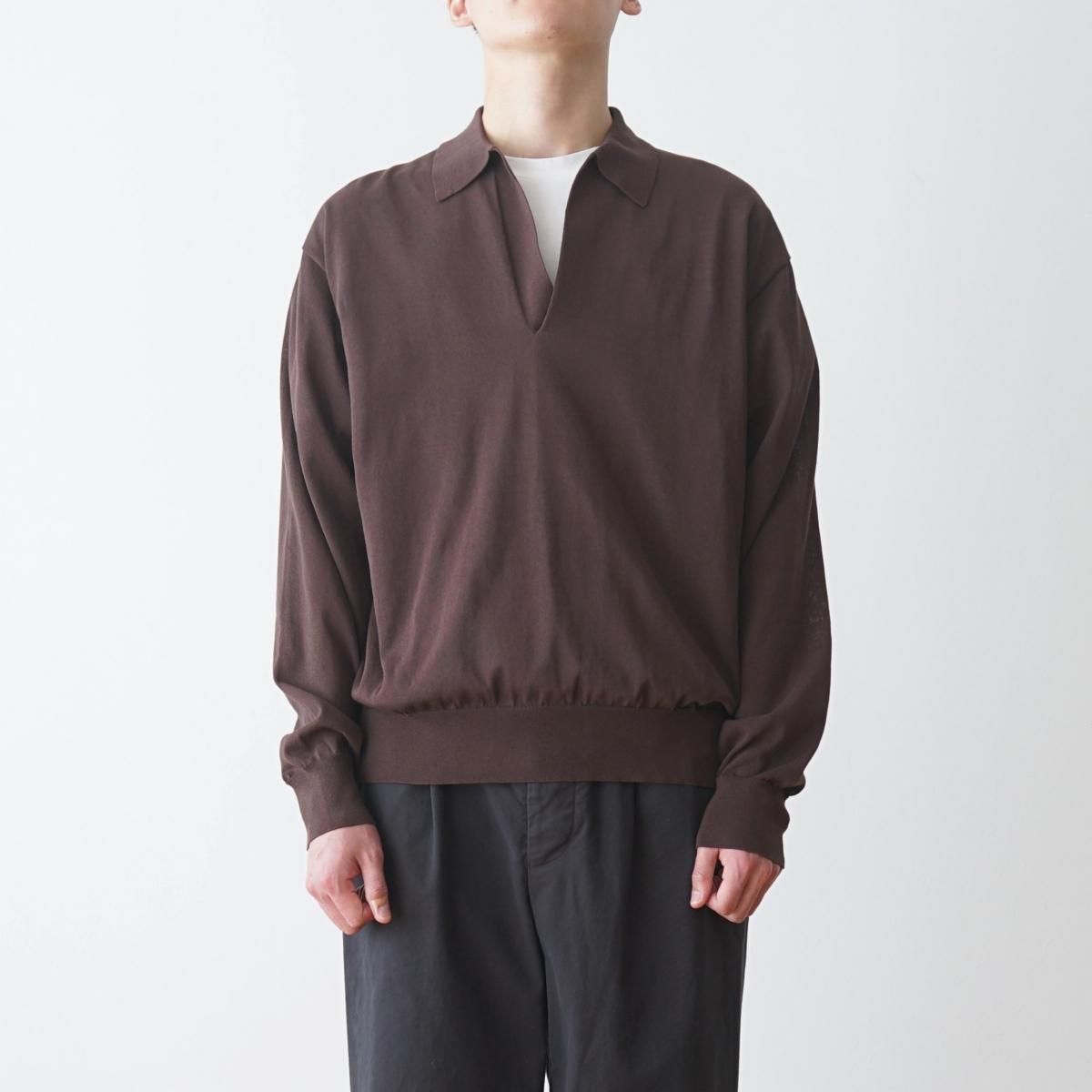 YLEVE シアーリブニットスキッパーポロ YLEVE / イレーヴ】 SHEER RIB KNIT SKIPPER POLO - BROWN