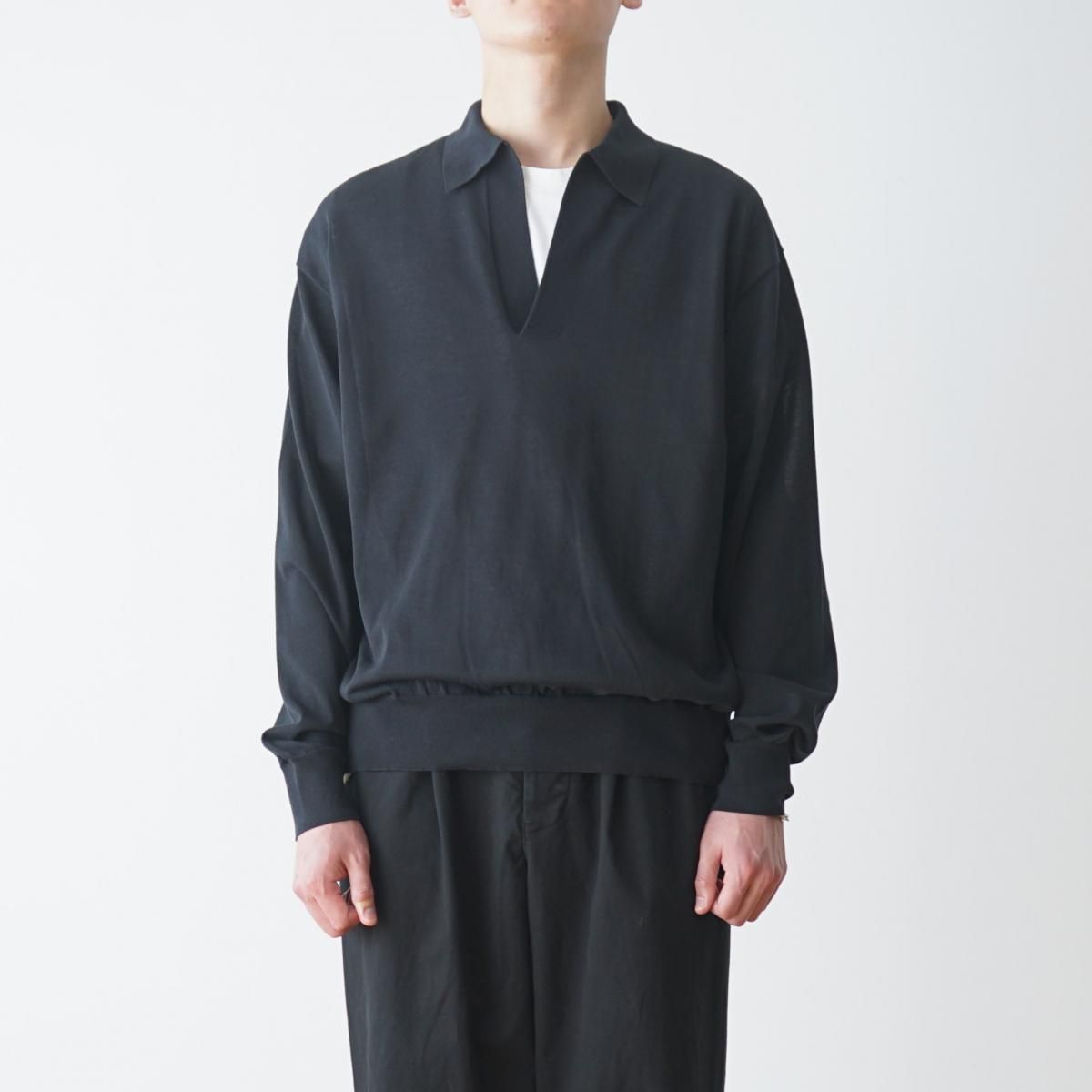 YLEVE シアーリブニットスキッパーポロ YLEVE / イレーヴ】 SHEER RIB KNIT SKIPPER POLO - BLACK