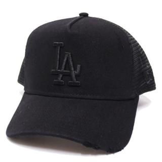 NEWERA ˥塼 LOSANGELES DODGERS DAMAGE DENIM 9FORTY A-FRAME TRUCKER CAP/BLACK DENIMxBLACK