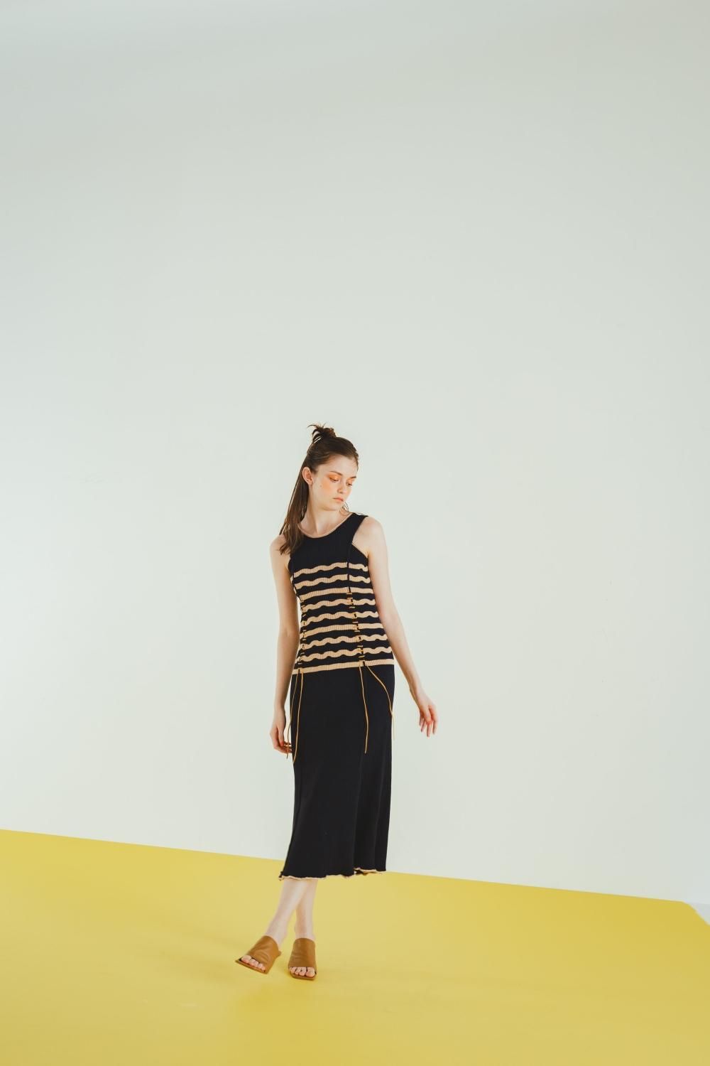ウェーブボーダーステッチニットワンピース(NAVY) - PINUE ウェーブボーダーステッチニットワンピース(NAVY) - PINUE