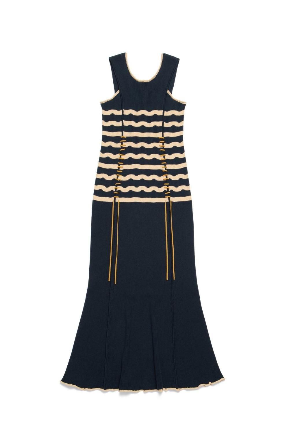 ウェーブボーダーステッチニットワンピース（NAVY） - PINUE