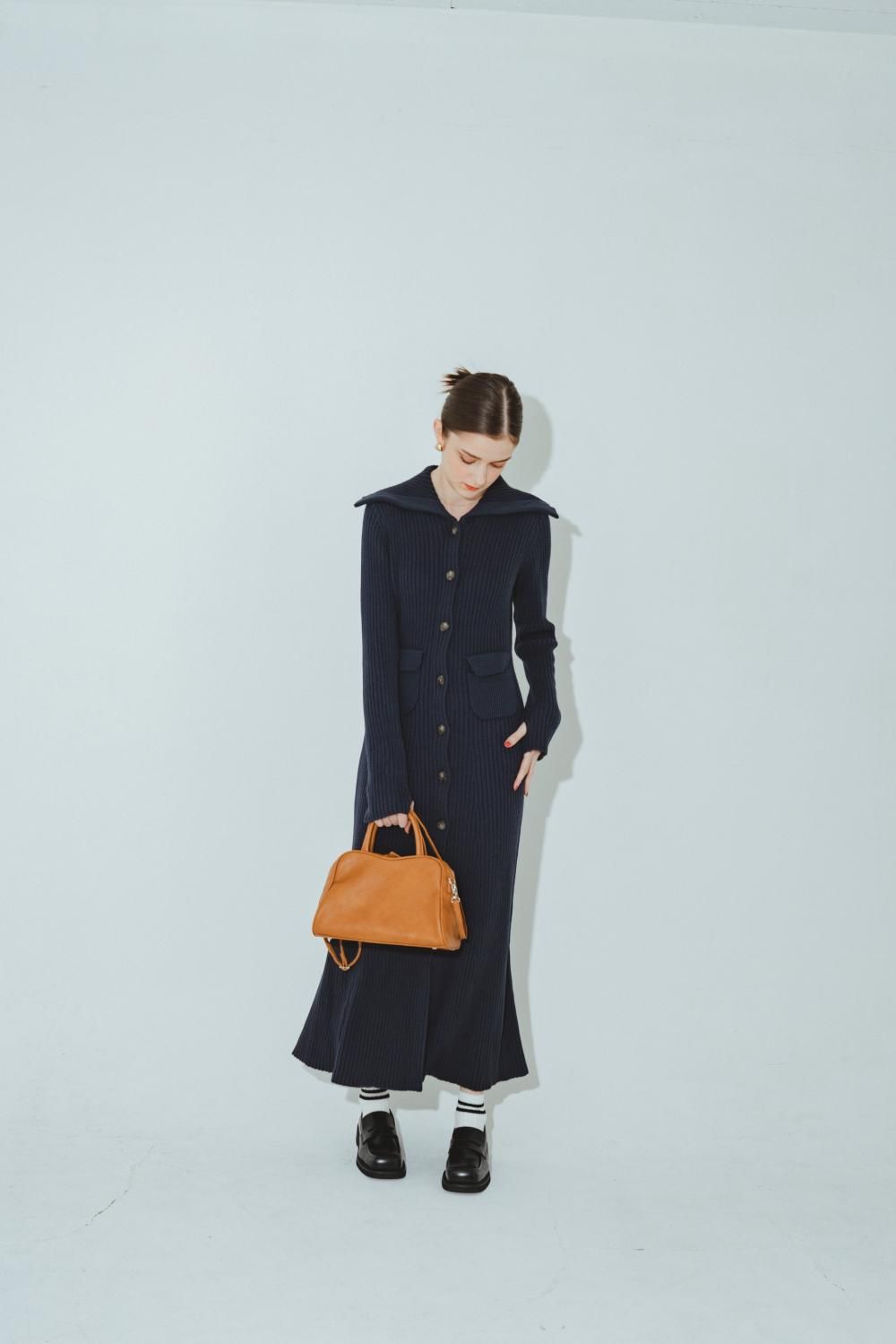 フロントボタンリブニットワンピース(NAVY) - PINUE フロントボタンリブニットワンピース(NAVY) - PINUE