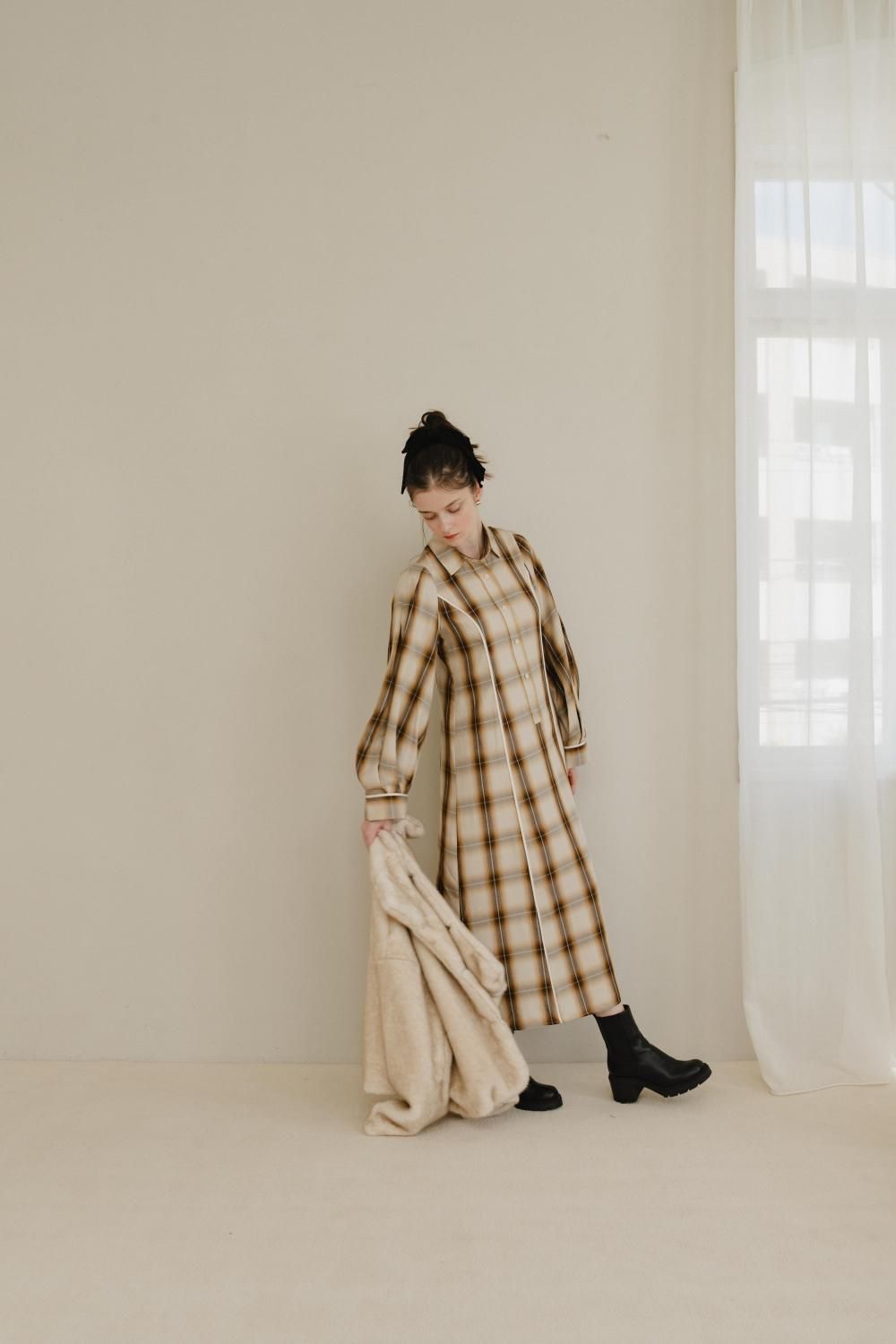 チェックシャツワンピース(IVORY) - PINUE チェックシャツワンピース(IVORY) - PINUE