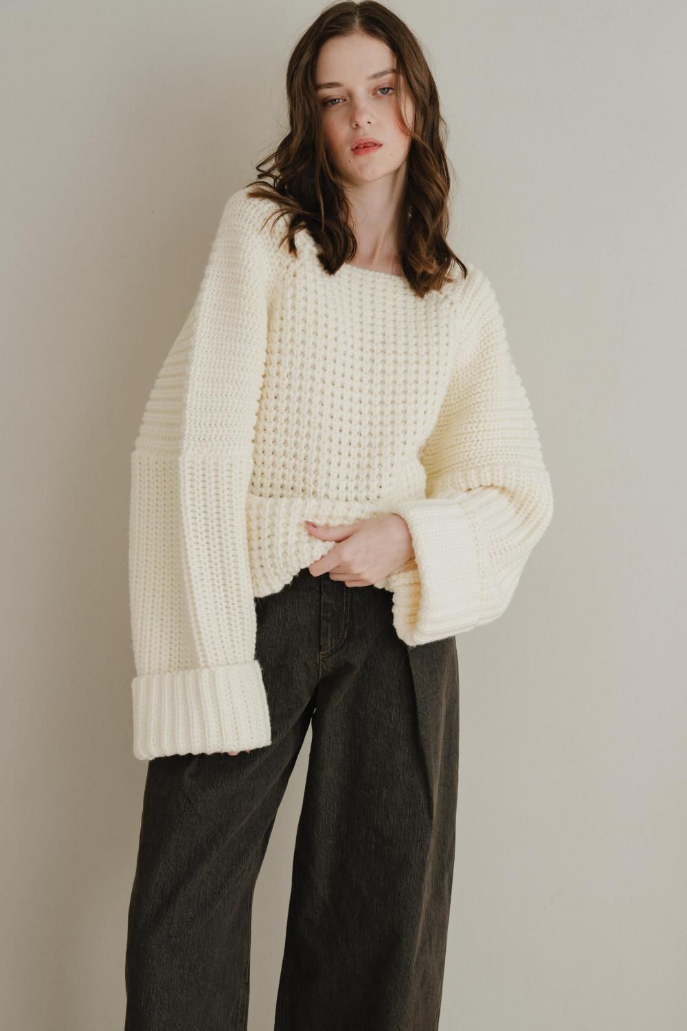 ワッフルニットトップス(WHITE) - PINUE ワッフルニットトップス(WHITE) - PINUE