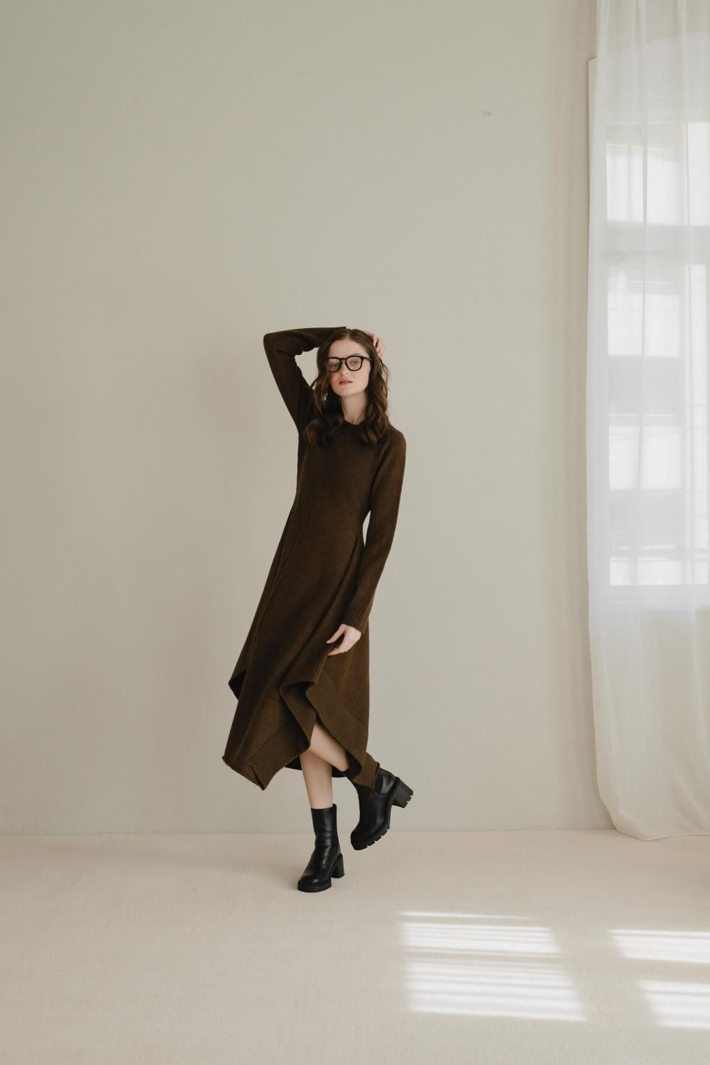 リブヘムニットワンピース(BROWN) - PINUE リブヘムニットワンピース(BROWN) - PINUE