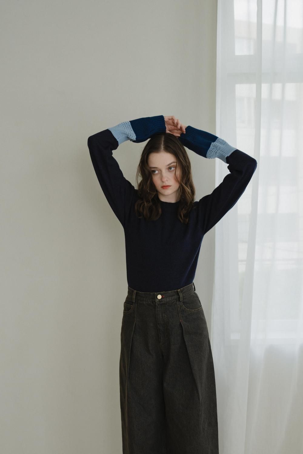 ダブルカフニットトップス(NAVY) - PINUE ダブルカフニットトップス(NAVY) - PINUE