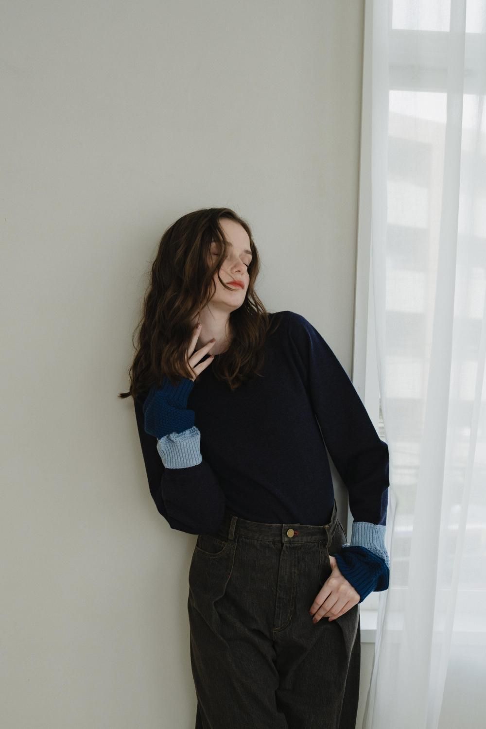 ダブルカフニットトップス(NAVY) - PINUE ダブルカフニットトップス(NAVY) - PINUE