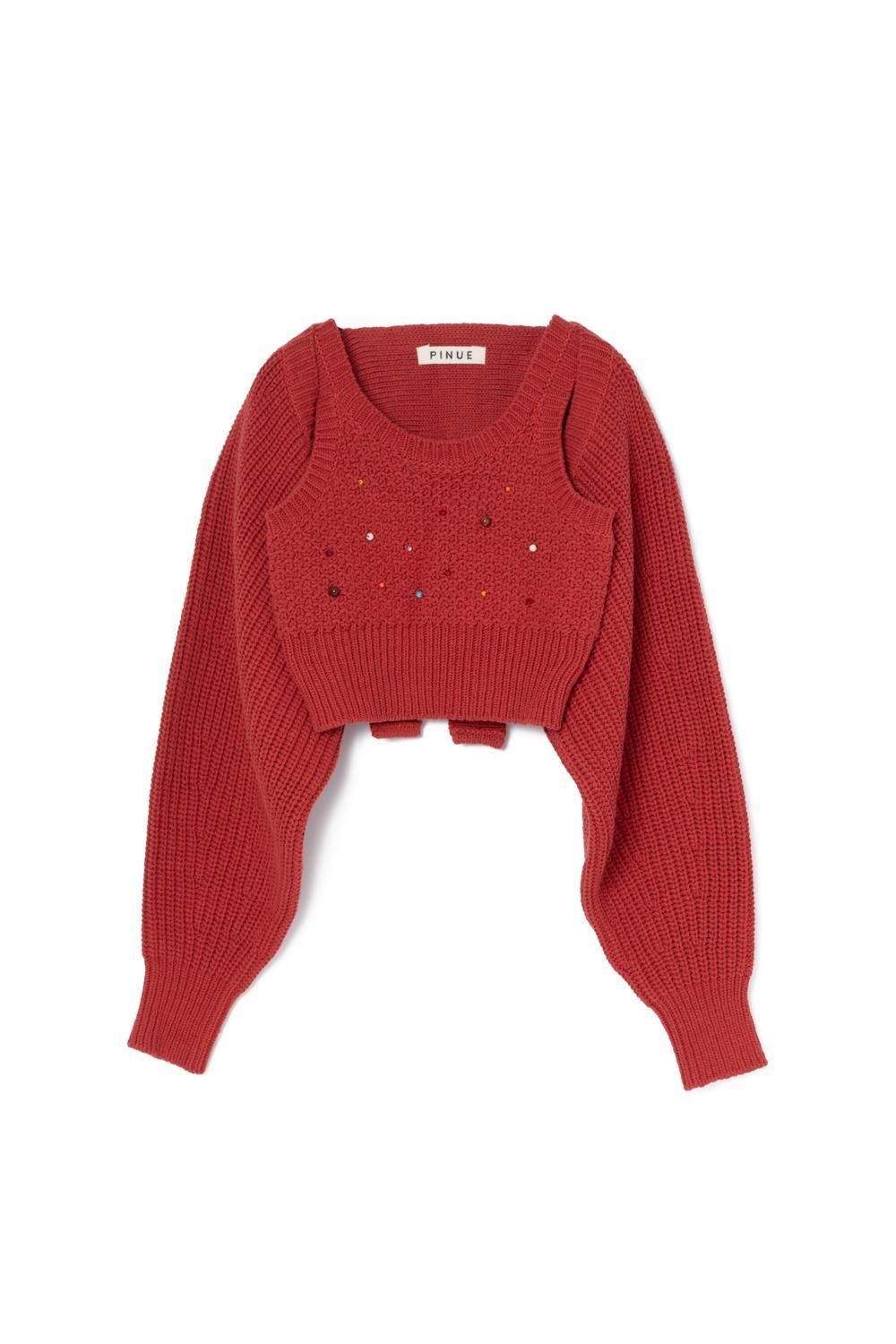【新品　PINUE】ビジューニットタンク＆カーディガンSET（NAVY） ビジューニットタンク＆カーディガンSET（RED） - PINUE