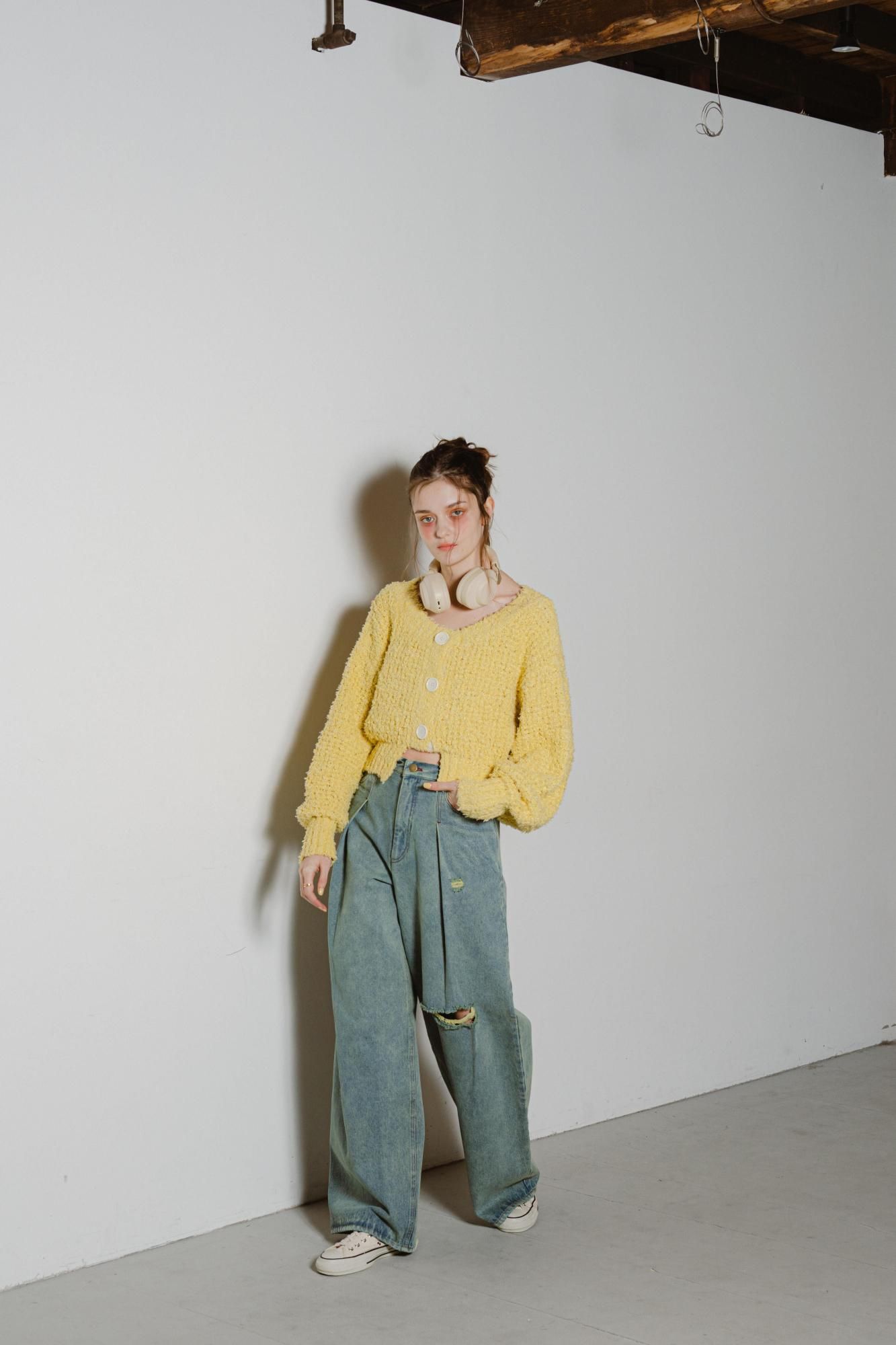 フリンジヤーンニットカーディガン（LIME） - PINUE