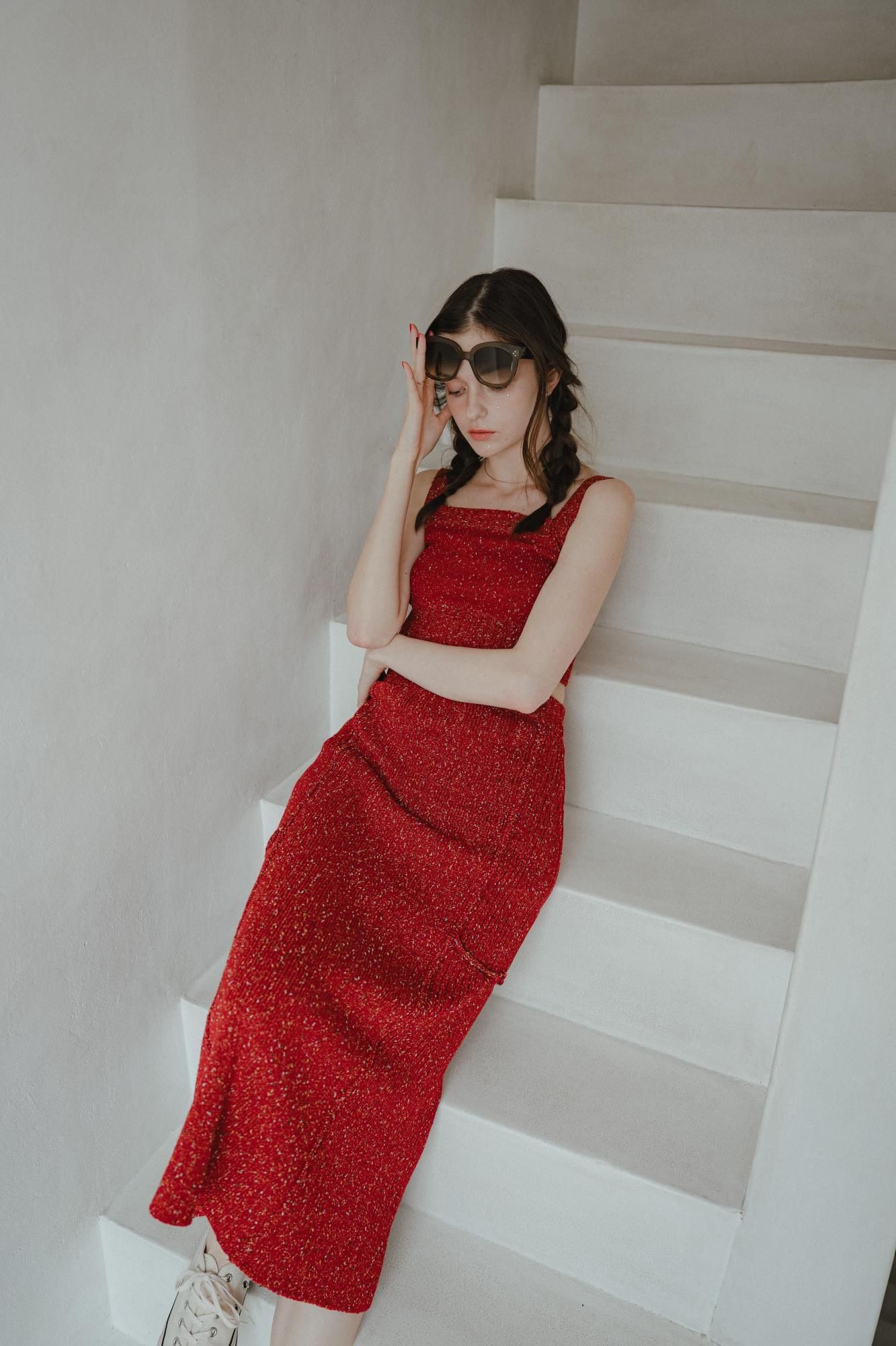 カラーネップニットセットアップ（RED） - PINUE