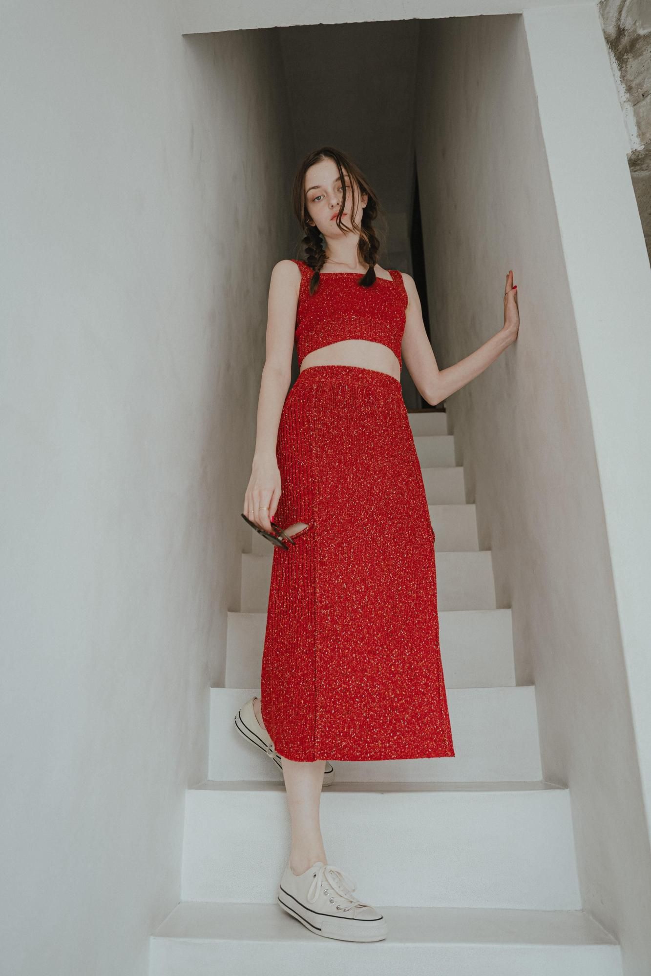 カラーネップニットセットアップ（RED） - PINUE