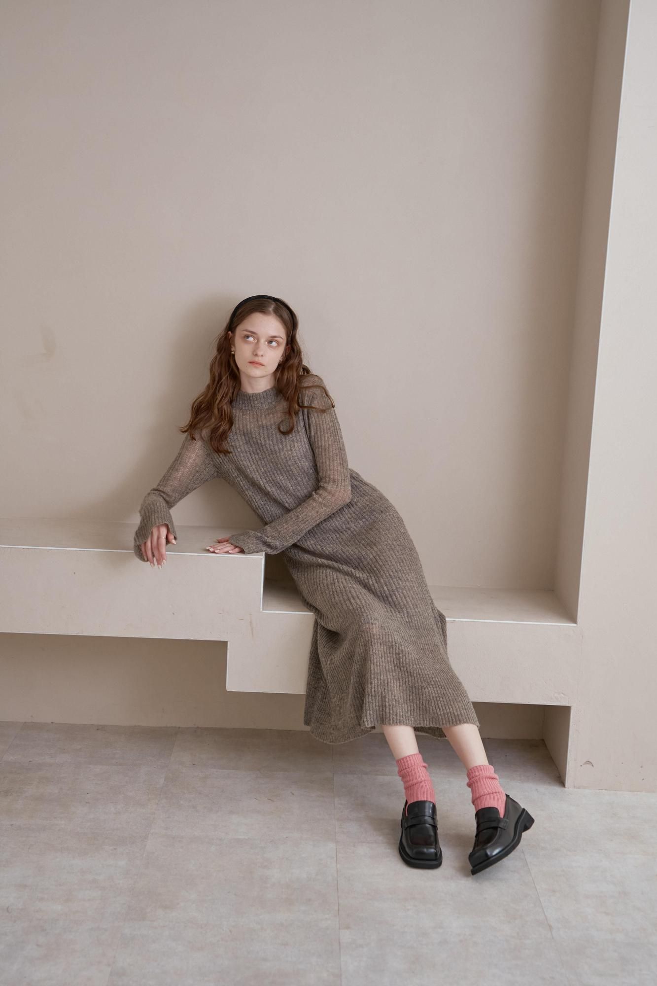 pinue ピヌエ メッシュリブニットワンピース ヘーゼル S STUDIOUS ワンピース 「PINUE/ピヌエ」リブヘムニットワンピース