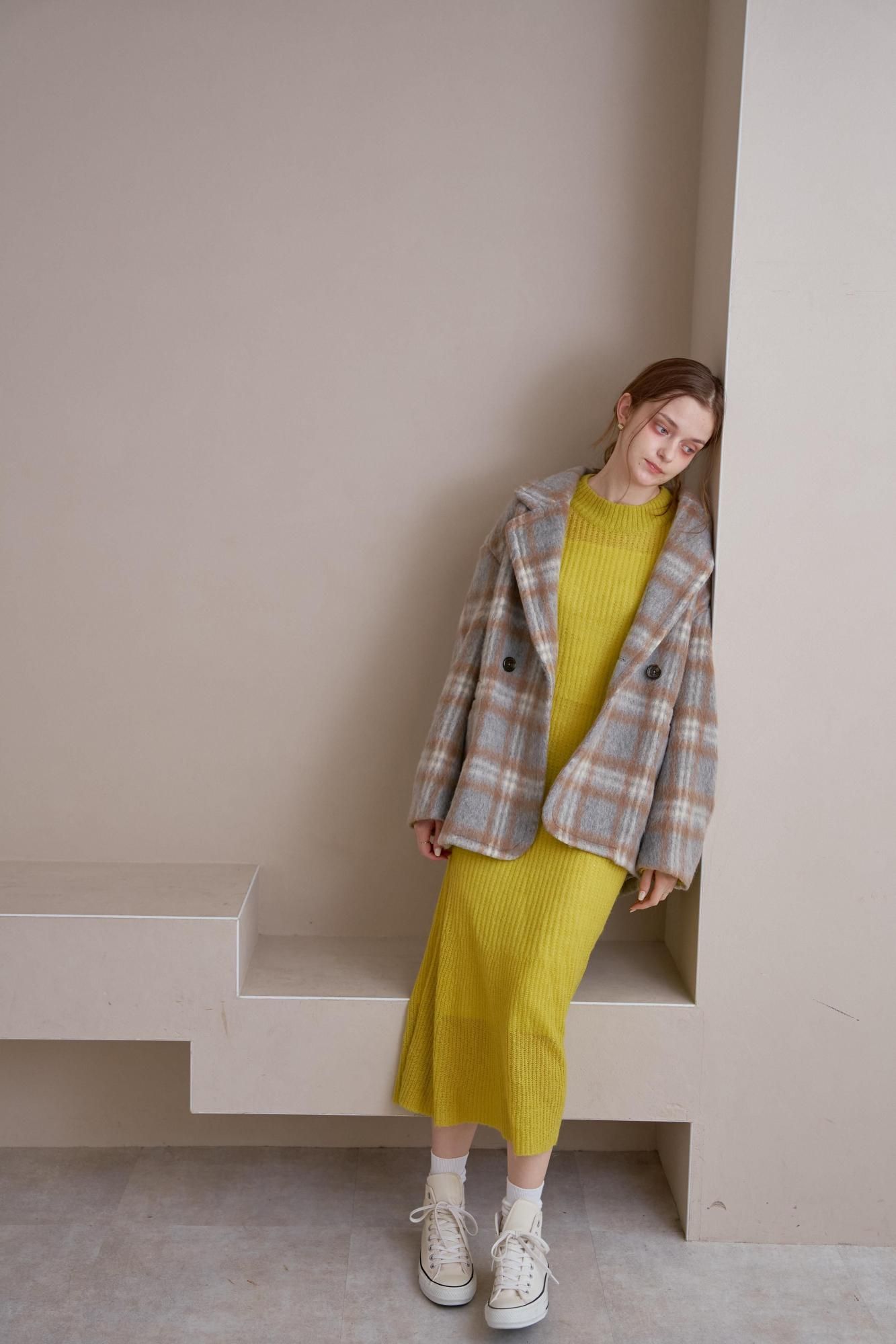yori シャギーチェックコート　イエロー yori ヨリ シャギー チェック コート ウールモヘヤ ネイビー