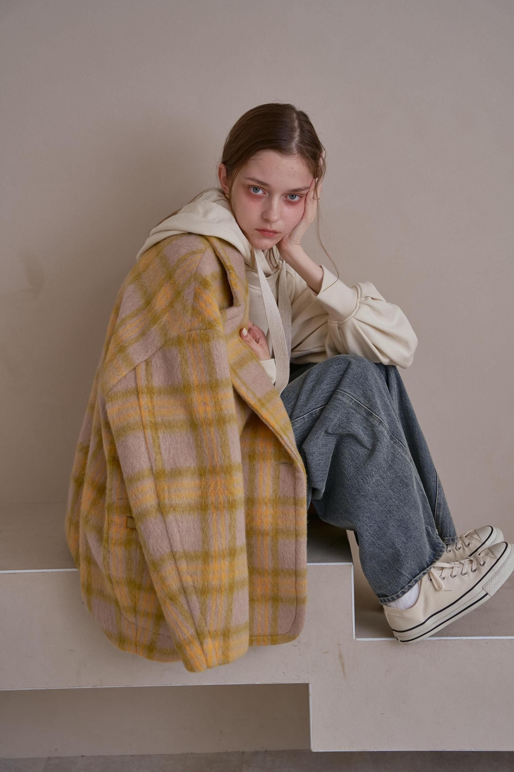 シャギーチェックコート（YELLOW） - PINUE