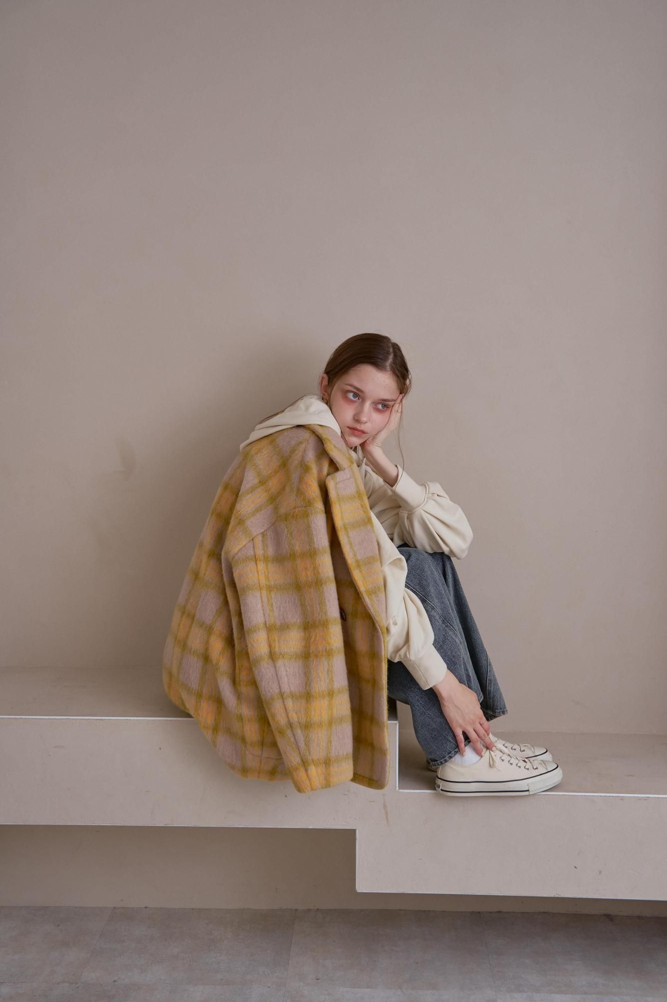 シャギーチェックコート（YELLOW） - PINUE
